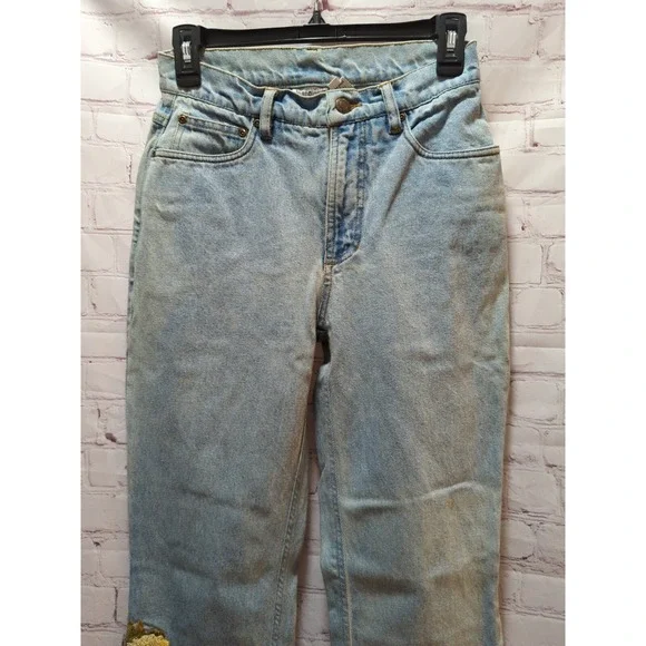 Newport News Jeanology yellow stitched flowers Sz 6 fits 2 3 4 flare Jeans - Picture 3 of 9